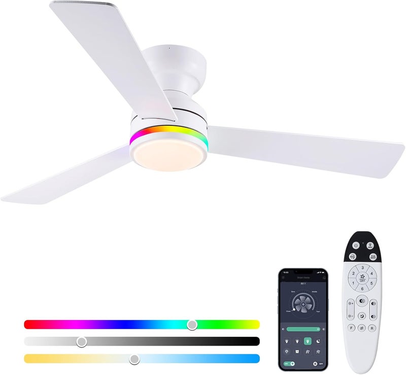 Asyko Ceiling Fans with Lights, 46 Inch Low Profile Ceiling Fan with Light and Remote Control,Reversible, RGB，Dimmable, Quiet, White Ceiling Fan for Bedroom Indoor/Outdoor Use - Image 1